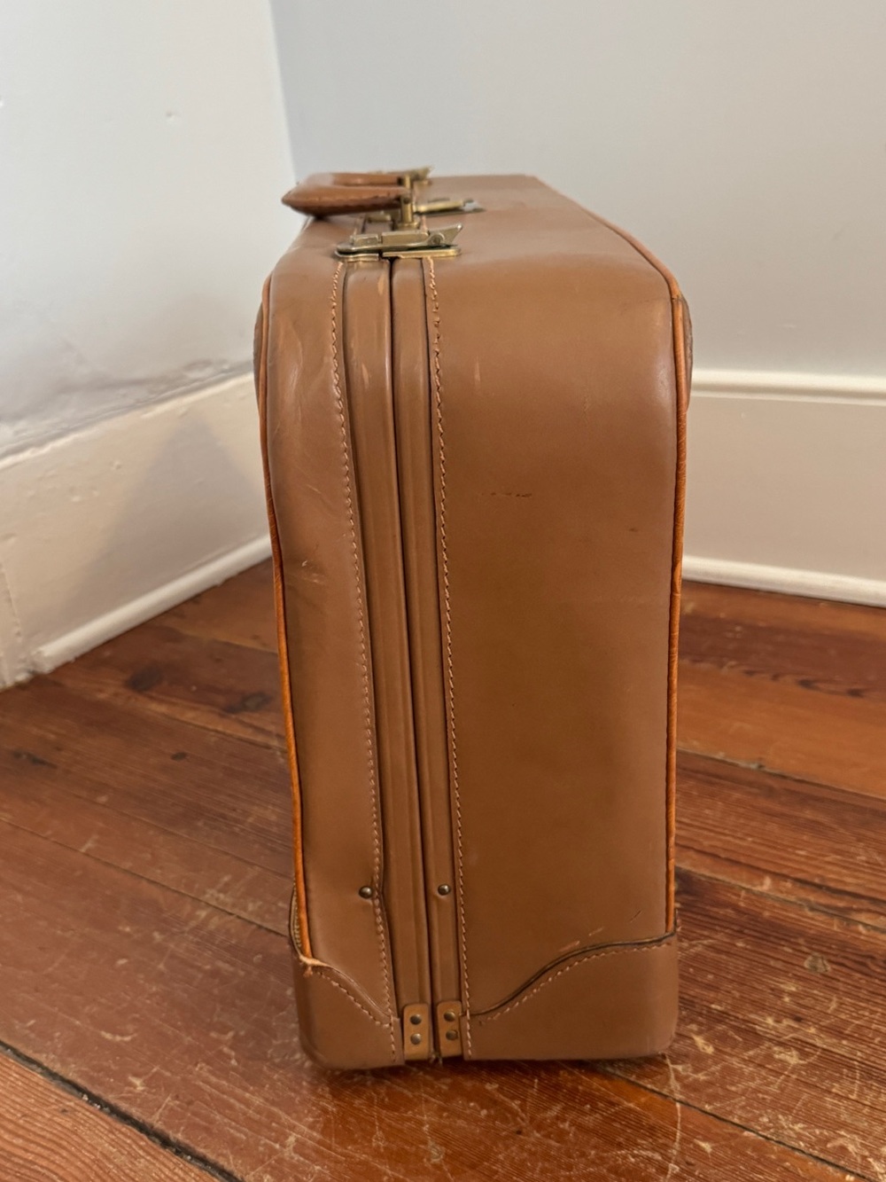 Vintage 60's Brooks Brothers Tan Leather Fabric Suitcase Luggage Combination - Picture 4 of 15